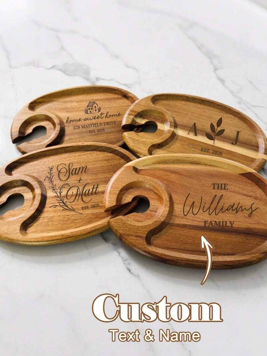 Custom-Made Trays, Personalized Engraved Mini Wooden Trays, Wedding Charcuterie Board Gift Box (With Surname), With Wine Bottle Holder, Custom Engraved Mini Wooden Tray, Laser Engraved, Wooden Coffee Tray, Serving Board, Tea Set Tray Suitable For Home Decor, Catering, Banquets And Special Events, Novelty Gift/Birthday/Valentine'S Day/Housewarming/Wedding/Father'S Day Gift - Multicolor - View 1
