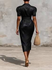 优雅V领修身迷你连衣裙，纯色翻领短袖修身连衣裙，优雅打结荷叶边下摆交叉度假连衣裙，黑色夏季 - 黑色 - 查看 2