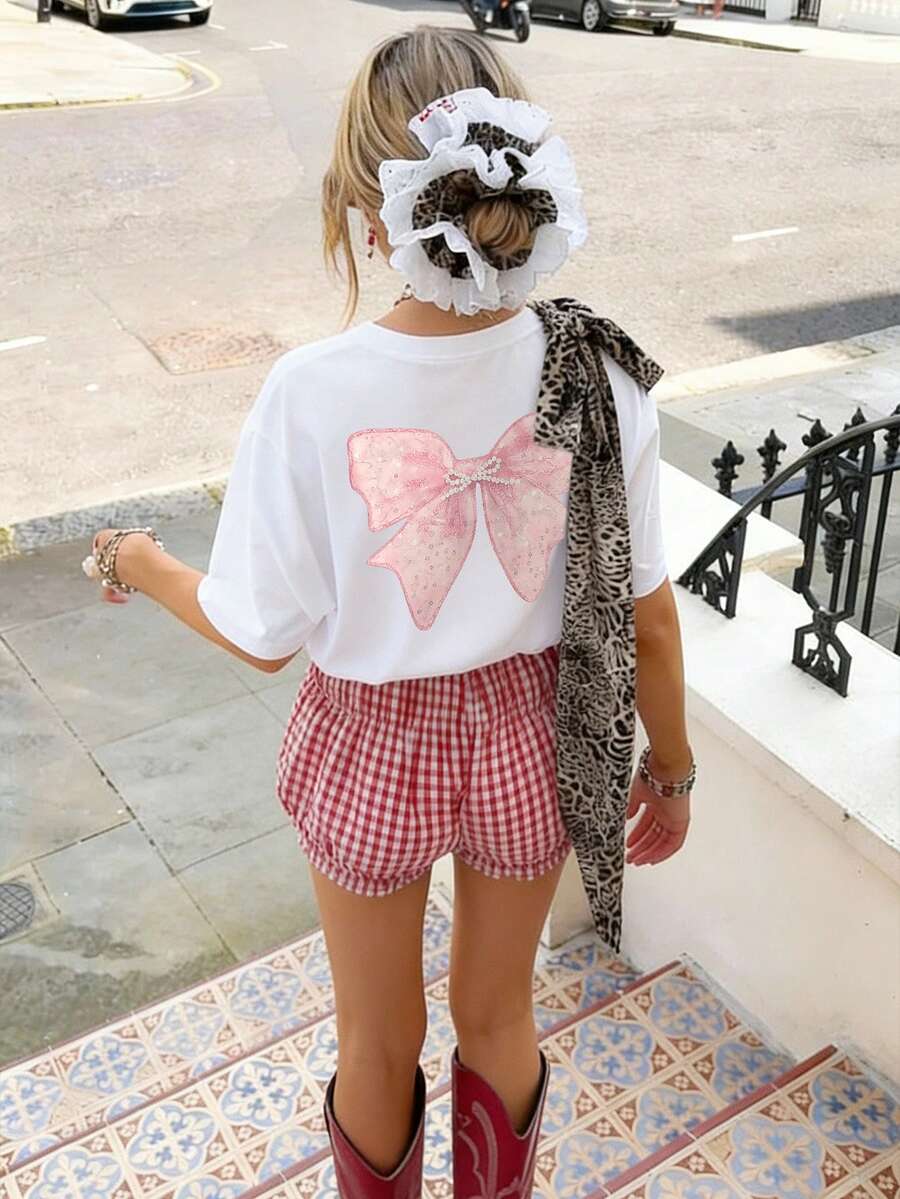 少女学生休闲印花白色圆领短袖T恤，夏季上衣 - 白色 - 查看 1