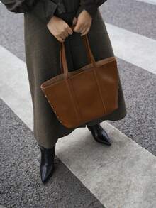 大容量女士手提包，铆钉包，时尚单肩包，各种铆钉小众元素，优雅皮革手提包适合约会、日常、购物、海滩度假、多场景通勤手提包、挎包 - 棕色 - 查看 11