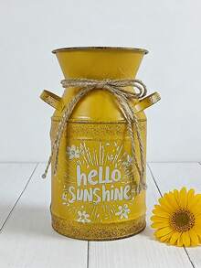 Turmeric-Colored Metal Decorated Milk Jar Vase, Vintage Distressed Iron With Jute Rope Tie, Printed With "Hello Sunshine" Text And Floral Pattern, Brings Fresh And Vibrant Atmosphere. Can Be Used As A Vase For Spring Branches And Dried Flowers, Or As A Storage Jar, Suitable For Desk, Windowsill Decor, Spring Home And Store Display. - Yellow Double-handled Milk Jug - View 9