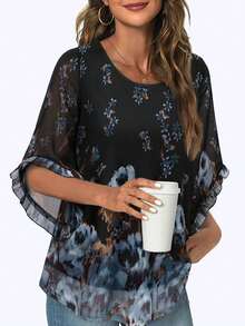 CheersLife Women's 3/4 Sleeve Ruffle Trim Blouse, Double Layer Chiffon Shirt, Elegant Mesh Blouse - Black - View 3