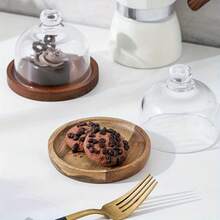 1 set Bandeja redonda mini con tapa de vidrio, plato de postre de base de madera, bandeja de postre - Multicolor - Ver 5