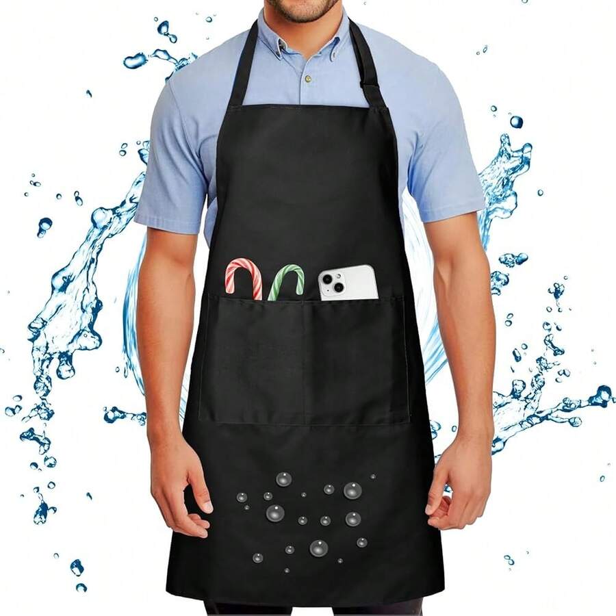Chef Apron For Men And Women Wash Free Bib Apron With 2 Pockets Water & Oil Proof Adjustable Aprons,Black - Black - 查看 1