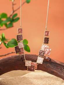 Cring Coco 2 Ohrringe + 1 Halskette, 3-teiliges Modeschmuckset für Frauen, geometrischer Rautenkettenstil, einstellbar, beliebte Farbe Khaki, elegant, sexy, Zinklegierung mit dünner Emaillierung, Bohemien-Stil, für Alltag, Party, Urlaub, Valentinstag, Muttertag, Weihnachten, als Geschenk - Braun - Übersicht 6