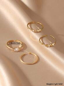 GEREIT 4pcs Minimalist Exquisite Gold-Tone Copper Micro-Inlaid AAA Zirconia Ring Set, Suitable For Ladies, Friends, Daily Wear, Mother's Day Gift - Gold - View 4