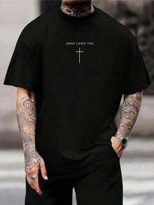'Jesus Loves You' Cross T-Shirt - Christian T-Shirt For Men And Women - Religious Clothing Gift - Minimalist Black Short Sleeve Design - Comfortable And Stylish Casual Wear - 黑色 - 查看 7