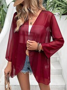 EARO 春季休闲纯色喇叭袖轻薄透视外套 - 酒紅色 - 查看 4