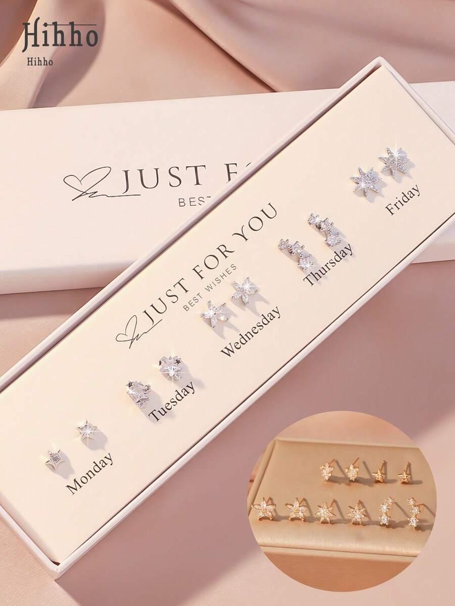 Hihho 10pcs/Set New Fashionable Classic Flower, Star, Meteor Stud Earrings Set With Shiny Zirconia Stones, Simple Design Women Earrings For Daily Wear, Holidays And Gifts (White Gift Box) - Silver - View 1