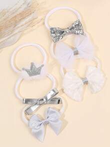 6pcs Silver Metallic Lace Headbands, Shiny Crown Plush Headbands For Baby Girls, Silver Glitter Hairbands, Cute Fabric Headbands For Infants, Baby Girl Gifts, Casual Headwraps, Baby Hair Accessories - Silver - View 3