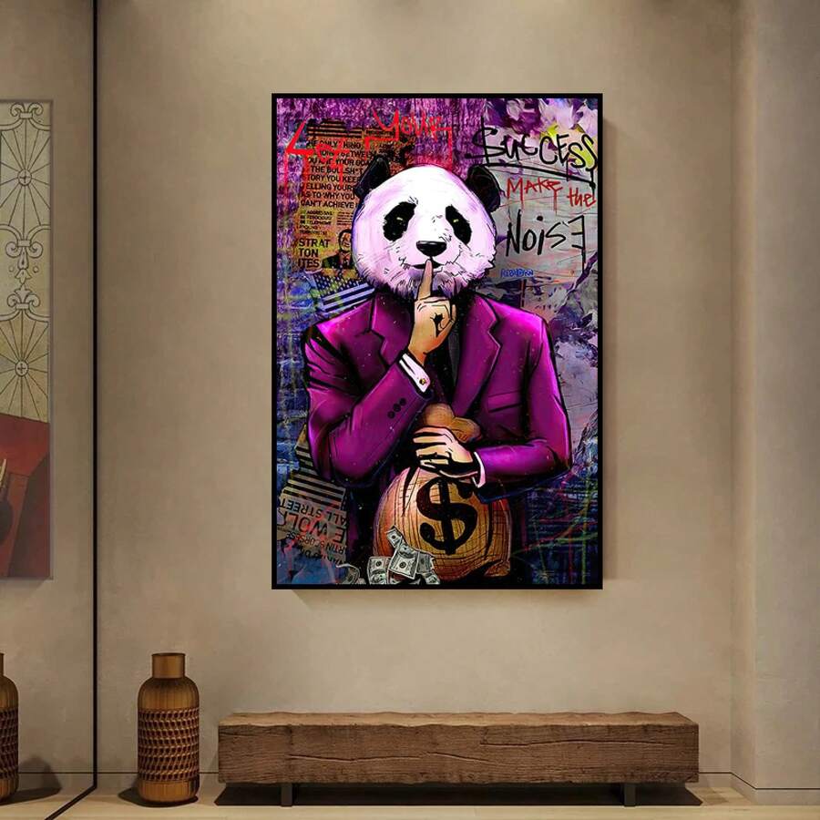 1pc Unframed Poster Animal Let Your Success Make The Noise Poster Canvas Wall Art Decor Painting, Money Panda Cartoon Characters Poster, Minimalist Wall Painting For Home Office Bar Coffee Shop Kitchen Living Room Bedroom Wall Decor - Multicolor - View 1