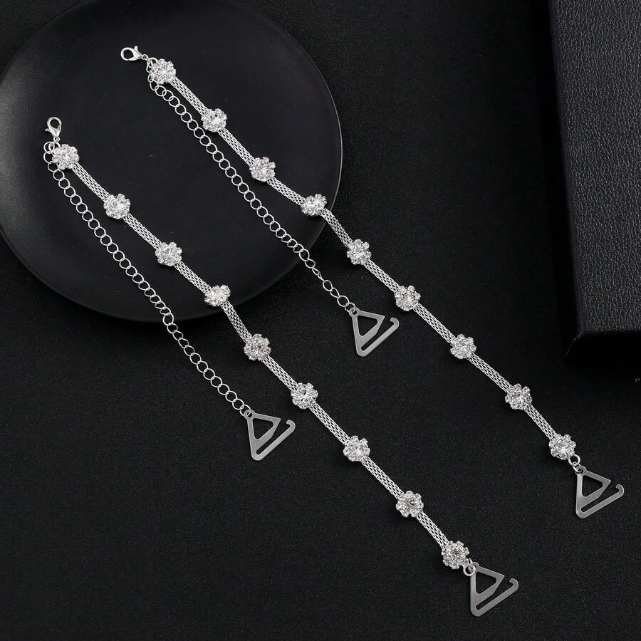 Tirante ajustable de metal con flores, perlas falsas y rhinestones, accesorio minimalista y de moda para vestidos de novia - Plateado - Ver 1