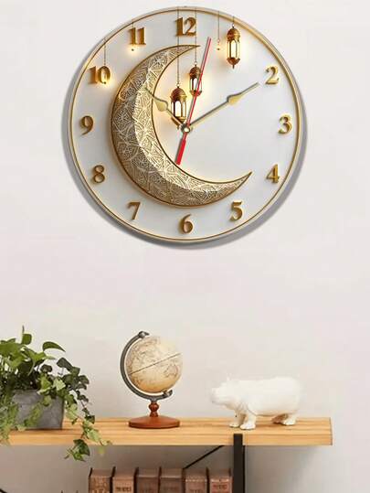 10-12 Inch Elegant Wall Clock With Crescent Moon And Lantern Pattern - Quiet Quartz Movement, Wooden Clock Face, Perfect For Home Decor, Holiday Celebrations And Gifts, Ideal For Home Decoration
