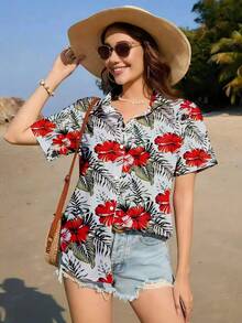 Floral Print Button Front Shirt, Casual Short Sleeve Collared Blouse For Women, All-Over Flower & Leaf Print Pattern Vacation Summer - White Multicolor - View 3