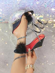 夏季新款露趾水钻毛绒坡跟蛇纹罗马高跟凉鞋，时尚韩版，舒适 - 黑色 - 查看 2