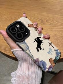 1pc Minimalist Cross & Horse Silhouette Striped Faux Leather Soft Protective Phone Case, Compatible With Apple And Phones ( 17/17 Air/17 Pro/17 Pro Max) - Multicolor - View 5