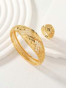 2pcs/Set Copper Jewelry Set For Women Including 1pc Bangle And 1pc Ring - Yellow Gold - View 6