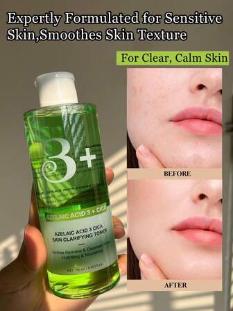 250 ml Tonique apaisant à 3% d'acide azélaïque + Centella asiatica, contient de l'acide salicylique | Apaise la peau, contrôle le sébum, estompe les imperfections, procure une hydratation rafraîchissante pour les peaux sensibles
