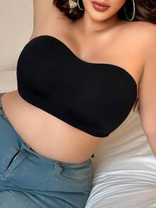 1pc Plus Size Simple Black Strapless Bra With Removable Pads, Silicone Non-Slip Design, Comfortable Bandeau Bra - Black - View 4