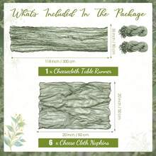 1pc Cheese Cloth Table Runner + 6pcs Cheese Cloth Napkins, Table Runner And Napkin Set, Suitable For Home Decor, Dining Table, Wedding, Birthday Party And Other Occasions - Green - View 7