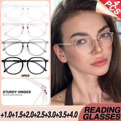 4pcs Comfortable Large Frame Reading Glasses, Classic Retro Round Frame Readers, Multiple Color Options, PC Material, Ultra-Light Frame For Comfortable Wear, Ideal For Daily Work And Reading