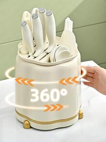 1pc New Luxury Cream-Colored Rotating Knife Holder, Multi-Function Knife Rack & Utensil Organizer, Home Kitchen Storage Rack - Creamy White - View 2