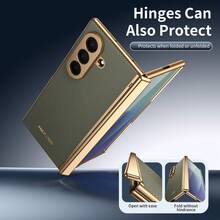 电镀材质仿皮全包覆保护手机壳，兼容三星 Galaxy Z Fold 7 6 5 4 Fold7 Fold6 Fold5 Fold4，带钢化玻璃屏幕保护膜。 - 棕灰色 - 查看 4