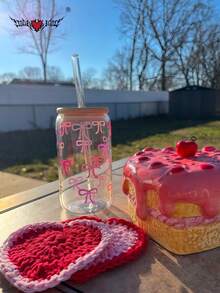 1 Set/With Lid & Straw Purple Bow Iced Coffee Glass Straw Cup, Cold Drink Juice Straw Cup, Hot Drink Straw Cup, Outdoor Travel Large Capacity Water Bottle, Exquisite Cute Milk Tea Cup, High Quality Juice Cup, High Temperature Baked Printed Design Won't Peel Off, Machine Washable - Best Gift Choice - Multicolor - View 6