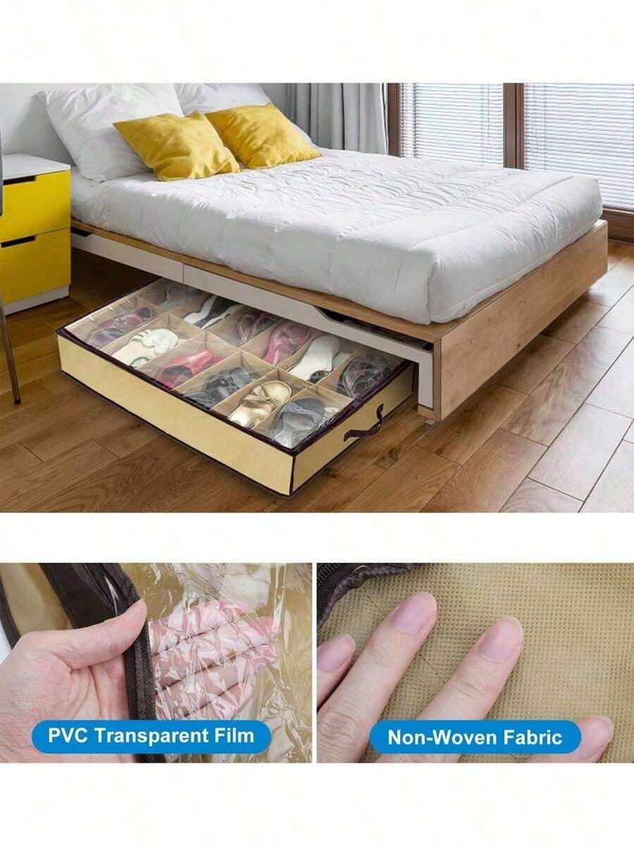 复古布艺鞋盒，床底收纳盒，防水、防尘、防潮，多功能长方形鞋架，带透明窗口，适用于厨房、客厅、卧室收纳 - 米色 - 查看 1