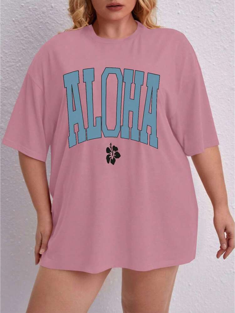 Oversized Printed Aloha Flower T-Shirt, Summer/Spring Short Sleeve Blouse, Lightweight Gym Wear - 淺粉色 - 查看 6