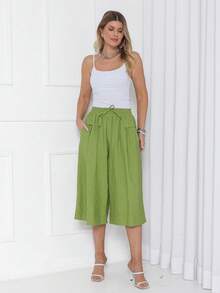 Plain Culottes With Two Elasticated Waist Pockets, Women's Linen, Knot Detail, Wedding Dress. - 青檸色 - 查看 2