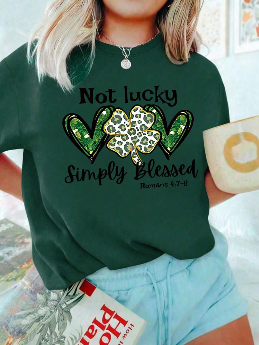 一件 Y2K 圣帕特里克节少女 T 恤，豹纹三叶草图案，春夏日常校园装 - 墨綠色 - 查看 1