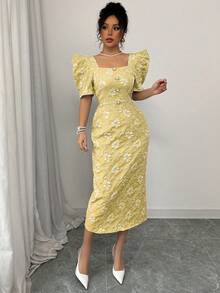 Spring/Summer Puff Sleeve Pearl Decor Button Long Jacquard Texture Dress, Elegant Lady Style, Yellow, Suitable For Daily, Date, Wedding - Yellow - View 3