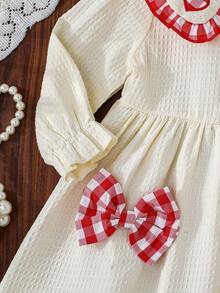 女婴红白格子蝴蝶结装饰连衣裙+发带，甜心领，休闲日常装 - 杏色 - 查看 4