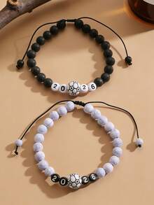 1pc 2026 Football, Black & White Turquoise Beaded Woven Bracelet, Fashionable, Versatile, Casual, Suitable For Men And Women, Daily Wear, Gatherings, Commuting - Multicolor - View 7