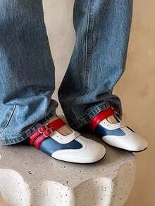 2025 Spring Retro Red Versatile Hook And Loop Mary Jane Shoes, Women Casual Round Toe Flat Leather Shoes,Ballet Flats - Blue - View 5