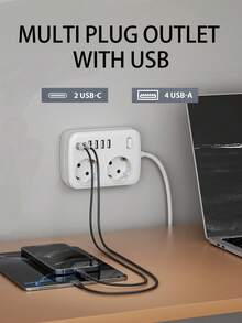 1pc 45° Tilted 8-In-1 Travel Adapter: Compact & Portable With 2 USB-C + 4 USB-A Ports Multi-Plug Charging Hub, Suitable For Simultaneous Fast Charging Of Multiple Devices, Flame Resistant & Heat-Resistant Shell, Essential Desktop Gadget For Travel - EU F Type Plug(220-240V) - View 1