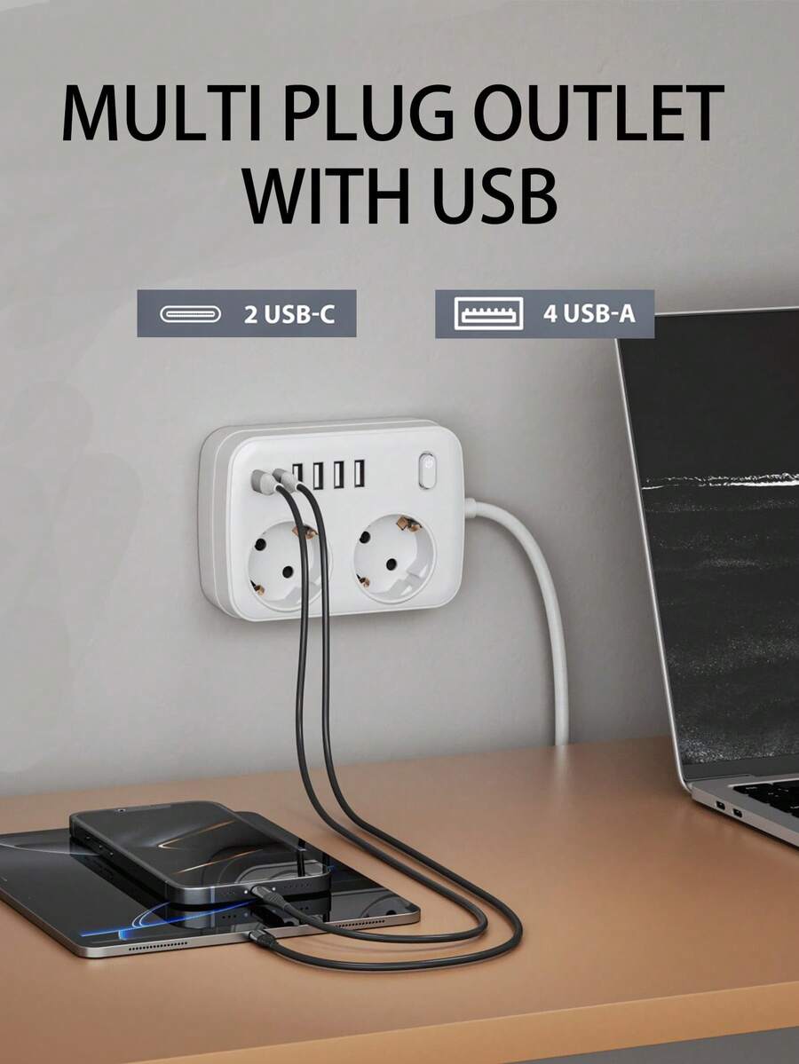 1pc 45° Tilted 8-In-1 Travel Adapter: Compact & Portable With 2 USB-C + 4 USB-A Ports Multi-Plug Charging Hub, Suitable For Simultaneous Fast Charging Of Multiple Devices, Flame Resistant & Heat-Resistant Shell, Essential Desktop Gadget For Travel - EU F Type Plug(220-240V) - View 1