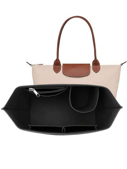 Felt Purse Organizer Insert For Le L Tote Bag & M Handbag, Zipper Long Champ Bag Organizer Insert With Cup Holder, Women Bags Divider Shaper With 8 Compartments