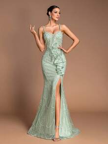 Mint Green Sequin Mermaid Evening Gown: 3D Floral Ruffle Hem Luxury Prom Dress 2026, Sexy High Slit Sparkling Formal Evening Gown Suitable For 15 Years Old Celebration, 16th Birthday, Spring Garden Wedding Guest, And Celebrity Style Gala Party - Mint Green - View 3