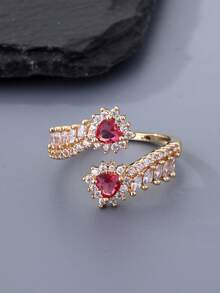 1pc Fashionable & Elegant Cubic Zirconia Heart-Shaped Women's Ring - Burgundy, Red Heart Design, Wheat Ear Shape, Suitable For Daily Wear And Gift - Wheat Ear Ring - View 2