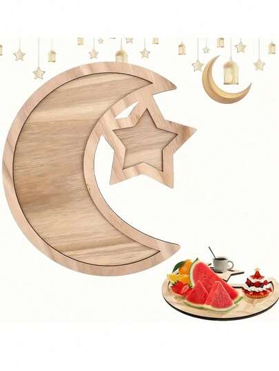 1 stuk houten bord met maan en sterren voor Ramadan, decoratief bord met maan en sterren, geschikt voor feestelijke tafeldecoratie en huisdecoratie.