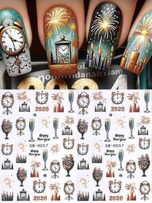 3D Glitter Colorful Fireworks Christmas Nail Stickers 2pcs Clock Tower Clock Candle Champagne Glass Candle Fireworks Design DIY Holographic Y2K Winter Xmas New Year Self-Adhesive Decal Slider Nail Art Decoration Nail Supplies - 彩色 - 查看 8