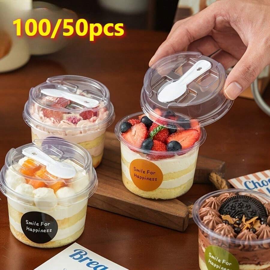 100/40/20/10pcs Set Reusable Round Pudding Cups, Includes Cups, Cups With Spoon Lids, Reusable Party Cups, Cups With Spoon Lids, Novelty Mugs, Transparent Mousse Cake Boxes, Yogurt Cups, Reusable Party Cups, Hand Wash Only, Suitable For Birthday, Graduation, Bachelor Party, Wedding Season, Tableware, Party Supplies, Round Cups, Elegant Dessert Cups, Reusable Material, Durable Plastic, With Spoon, Pudding Containers, Dessert Lovers