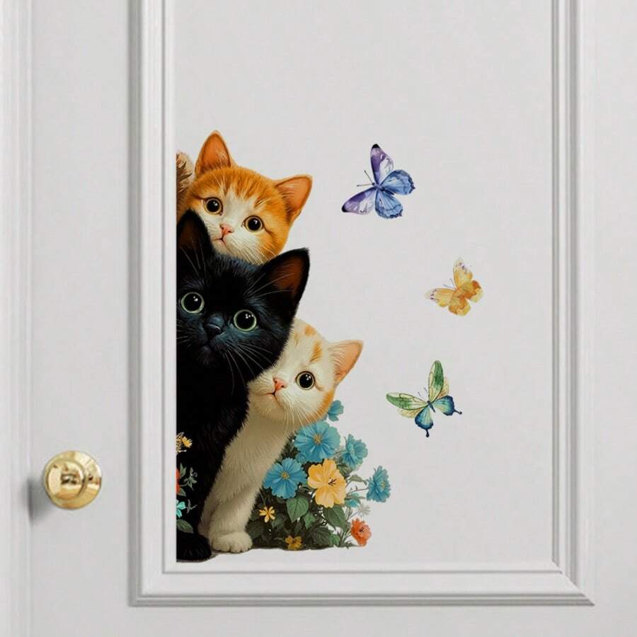 1 件趣味三猫墙贴 - 彩色花朵和蝴蝶图案，可移除自粘墙贴，易于清洁，适用于浴室、卧室、客厅的家居装饰 - 经典动物纹样设计，趣味十足，装饰性强 - 彩色 - 查看 1