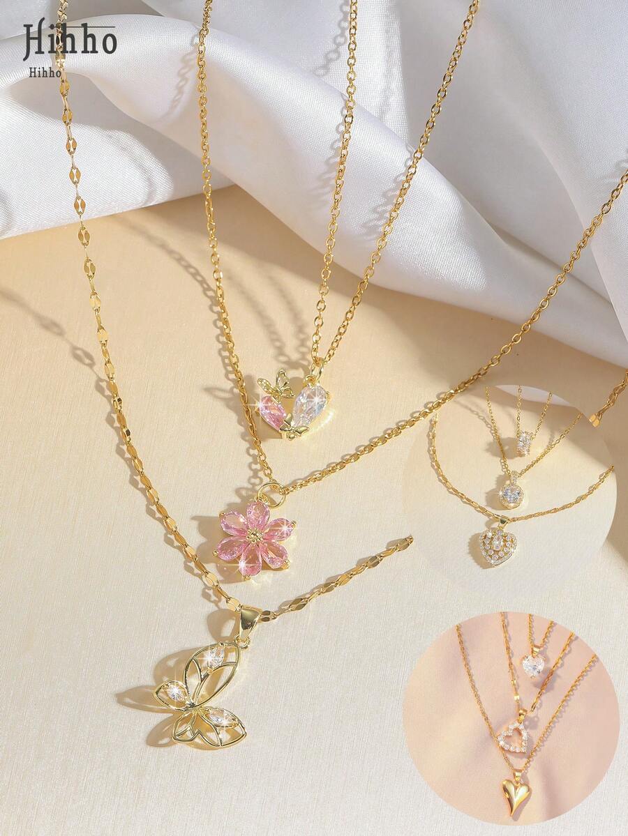 Hihho 3 件套优雅时尚百搭锆石水晶镶嵌蝴蝶、心形、花朵组合吊坠项链套装，适合女士日常佩戴、节日聚会、礼物 - 金黃色 - 查看 1