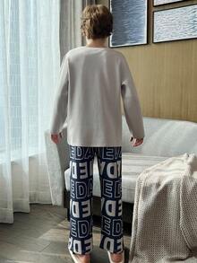 2pcs/Set Autumn/Winter Boys Pajamas, Cute Cartoon Print Round Neck Soft Knit Fabric Loungewear - Blue - View 4