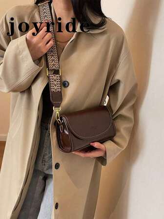 复古时尚宽肩带方形单肩包 - 时尚纯色翻盖斜挎包，配有可调节肩带，适合女性 - 非常适合日常使用和旅行