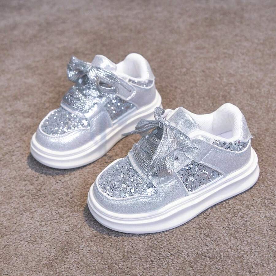 2025 Spring/Autumn New Kids Sports Shoes, Girls Casual Glitter Shoes, Boys Soft Sole Sneakers - Silver - View 1