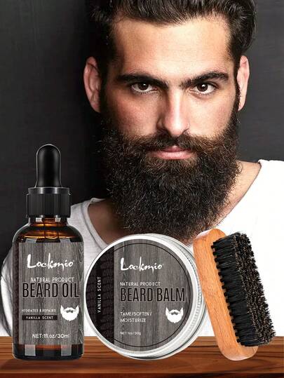 Set de cuidado de barba para hombres - Bálsamo para barba, aceite para barba y cepillo para barba - Acondicionamiento profundo, suavizado y alisado de la barba, fortalecimiento y brillo de la barba, reducción de la irritación de la piel - Fácil de aplicar y peinar - Productos de cuidado diario de la barba (30ml de aceite para barba y 30g de bálsamo para barba)